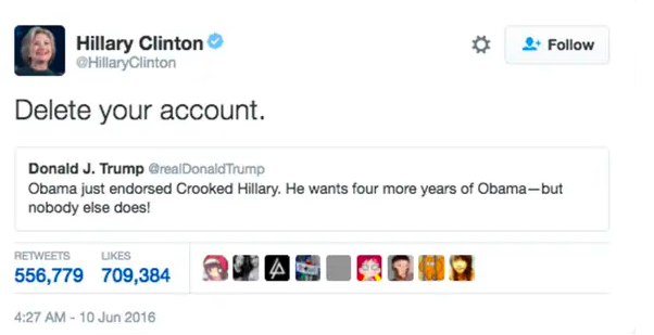 Hillary Clinton tweet to Donald Trump